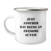 Funny Auntie Gifts from Men, Unique Christmas Unique Gifts for Awesome Auntie, Camping Mug with 'Just Another Day Being An Awesome Auntie' Quote - Image 1